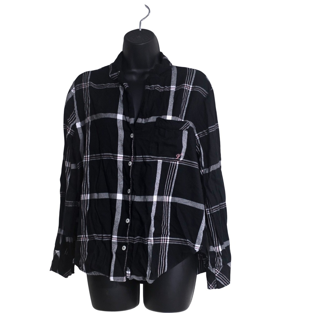 Victoria's Secret Plaid Flannel Button Down Sleepwear Shirt XS Pink Logo